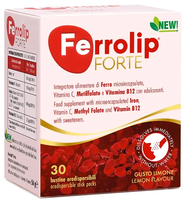 Ferrolip forte 30 bustine orodispersibili gusto limone con edulcoranti new